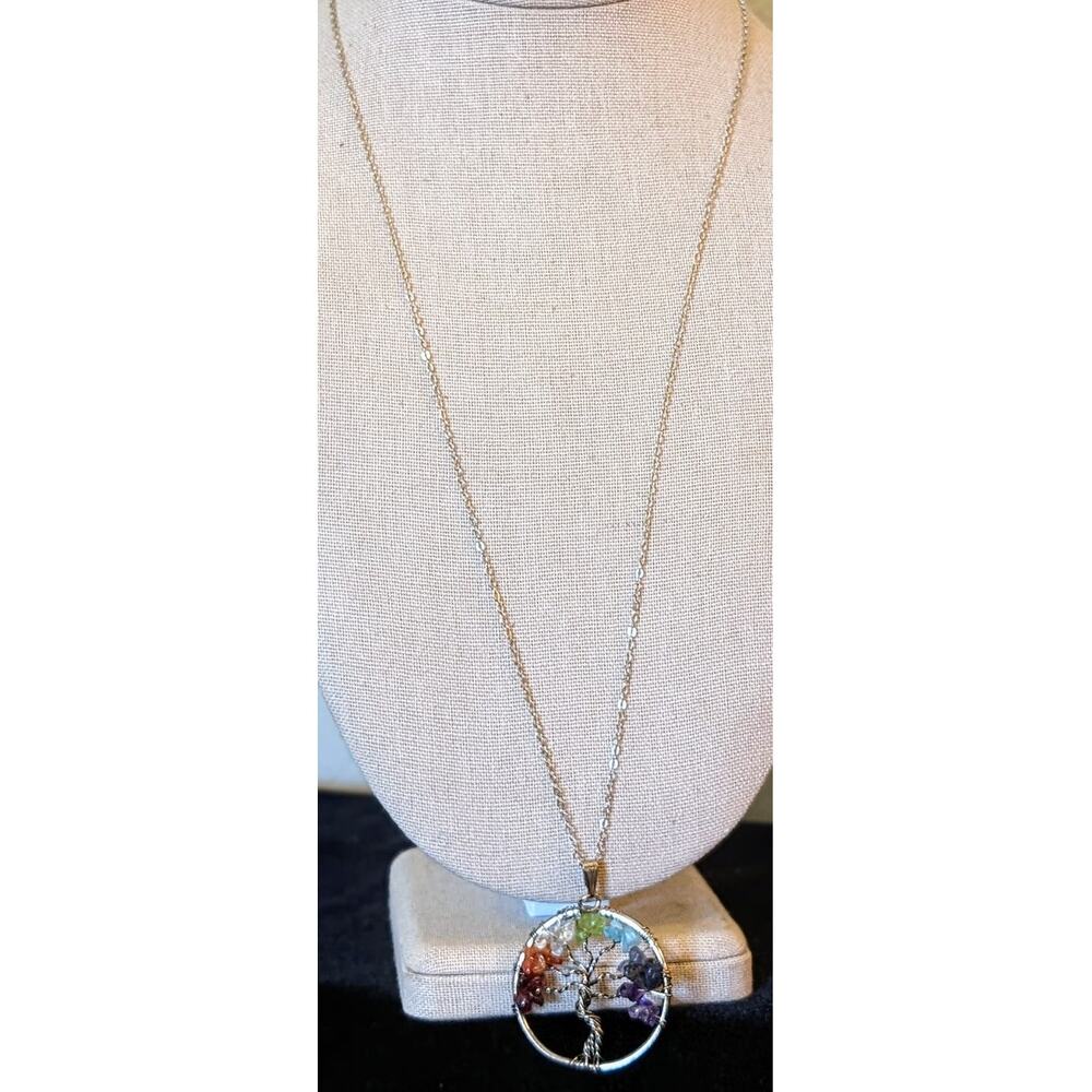 Gemstone Tree of Life Pendant Marked 8KGE on Silver Tone Chain Necklace